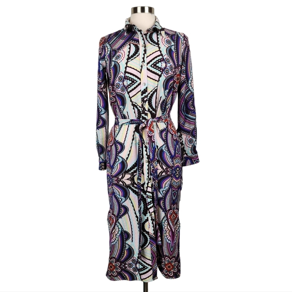 Uncle Frank Colorful Paisley Floral Midi Shirt Dress with Waist Tie Womens XS